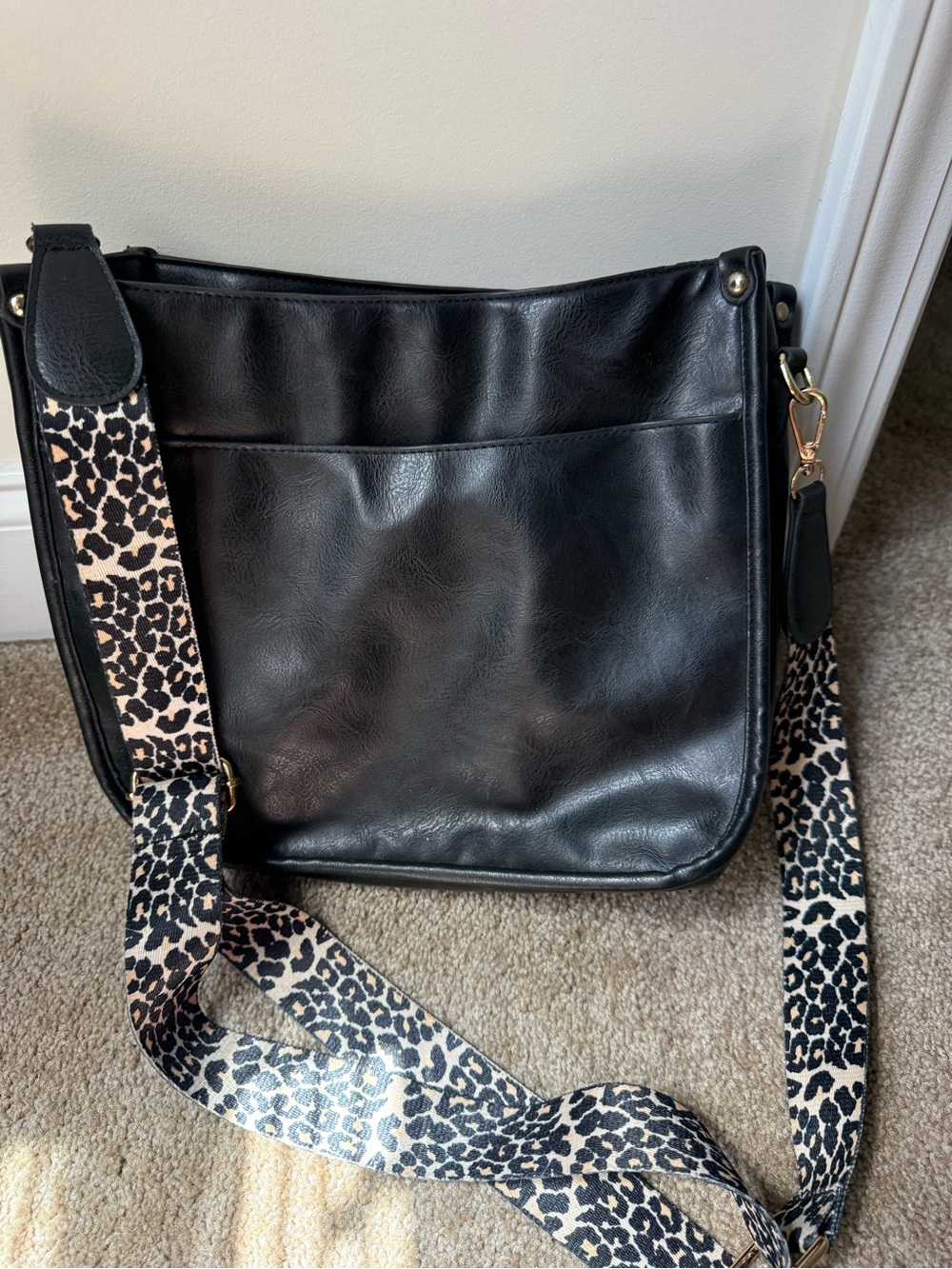 Black Vegan Leather Crossbody Bag with Leopard Strap